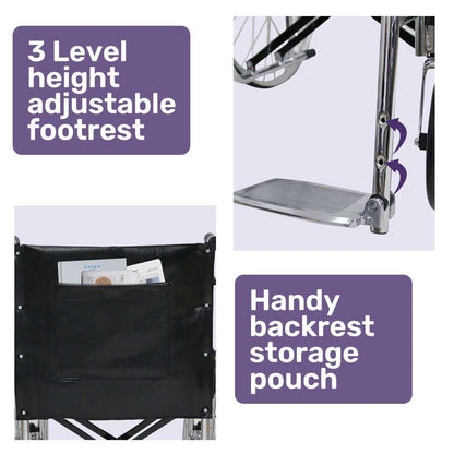 Equipmed folding self propelled wheelchair with 24-inch rear wheels and chrome steel frame