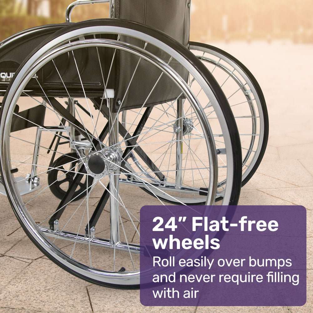 Equipmed SmartRide self propelled wheelchair with chrome steel frame and 24-inch rear puncture-proof wheels