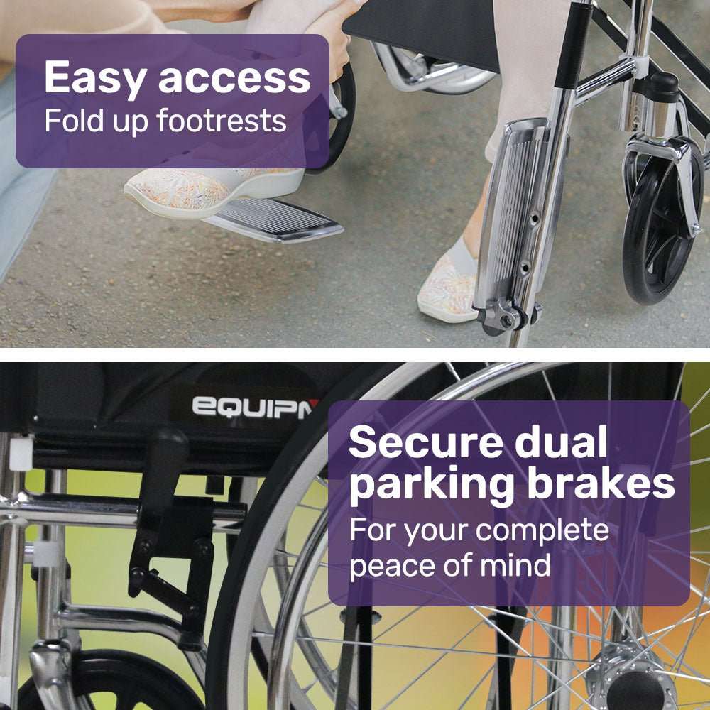 Equipmed self propelled wheelchair with chrome steel frame, 24-inch rear wheels, padded armrests, and foldable design
