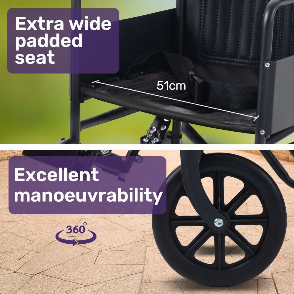 Equipmed folding transit manual wheelchair with wide seat, steel frame, park brakes, and puncture-proof wheels