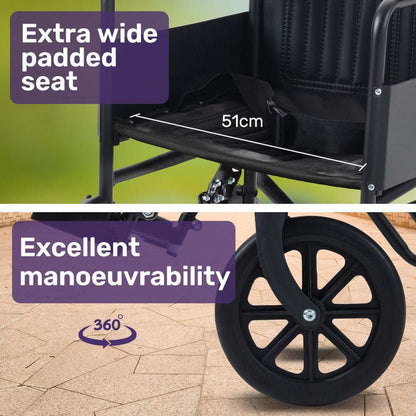 Equipmed folding transit manual wheelchair with wide seat, steel frame, park brakes, and puncture-proof wheels