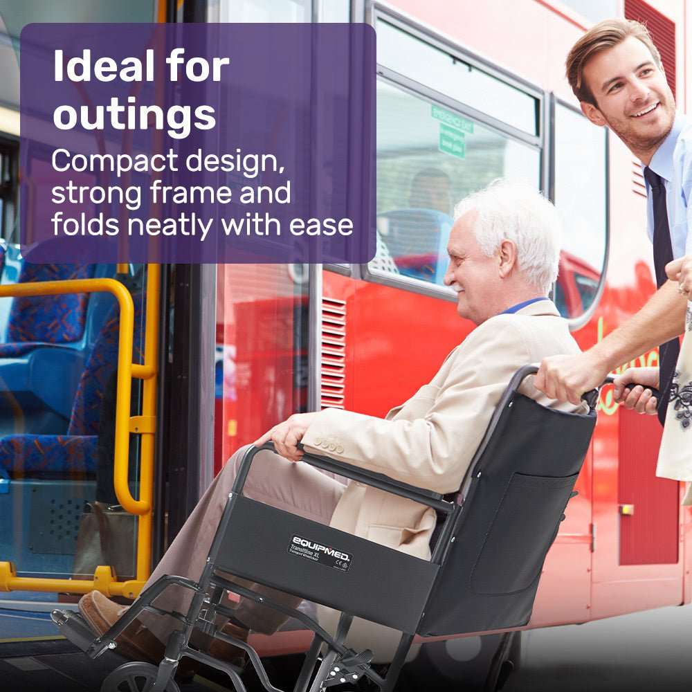 Equipmed folding transit manual wheelchair with steel frame, wide seat, puncture-proof wheels, and park brakes