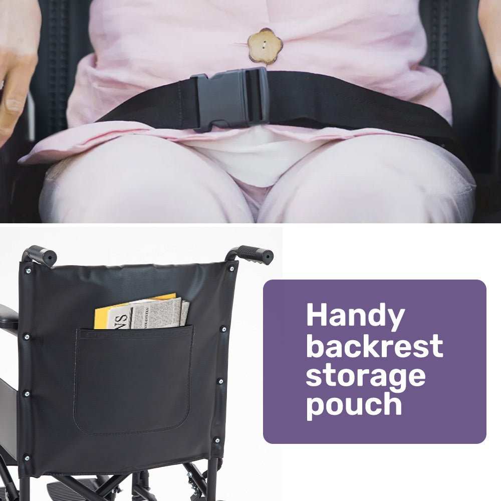 EQUIPMED folding transit manual wheelchair with steel frame, wide seat, park brakes, and puncture-proof wheels