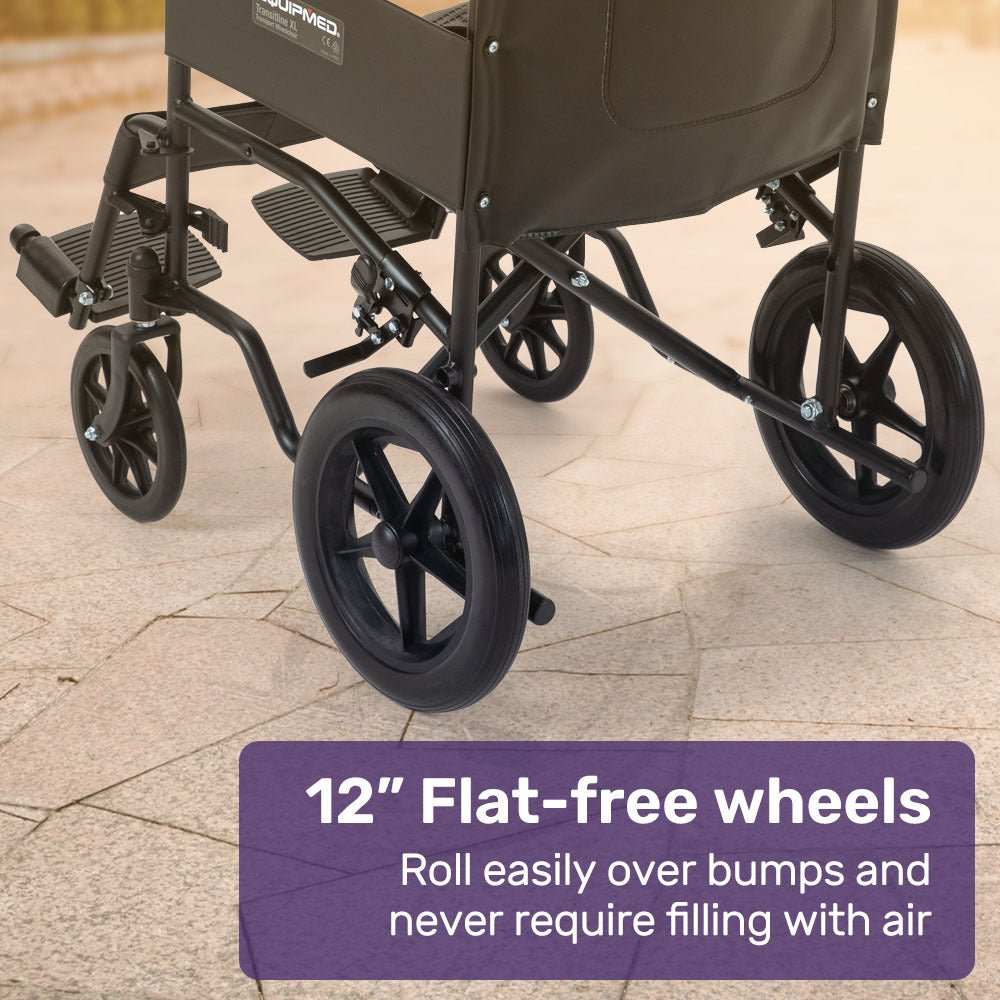 Equipmed folding transit manual wheelchair with steel frame, wide seat, padded armrests, and puncture-proof wheels