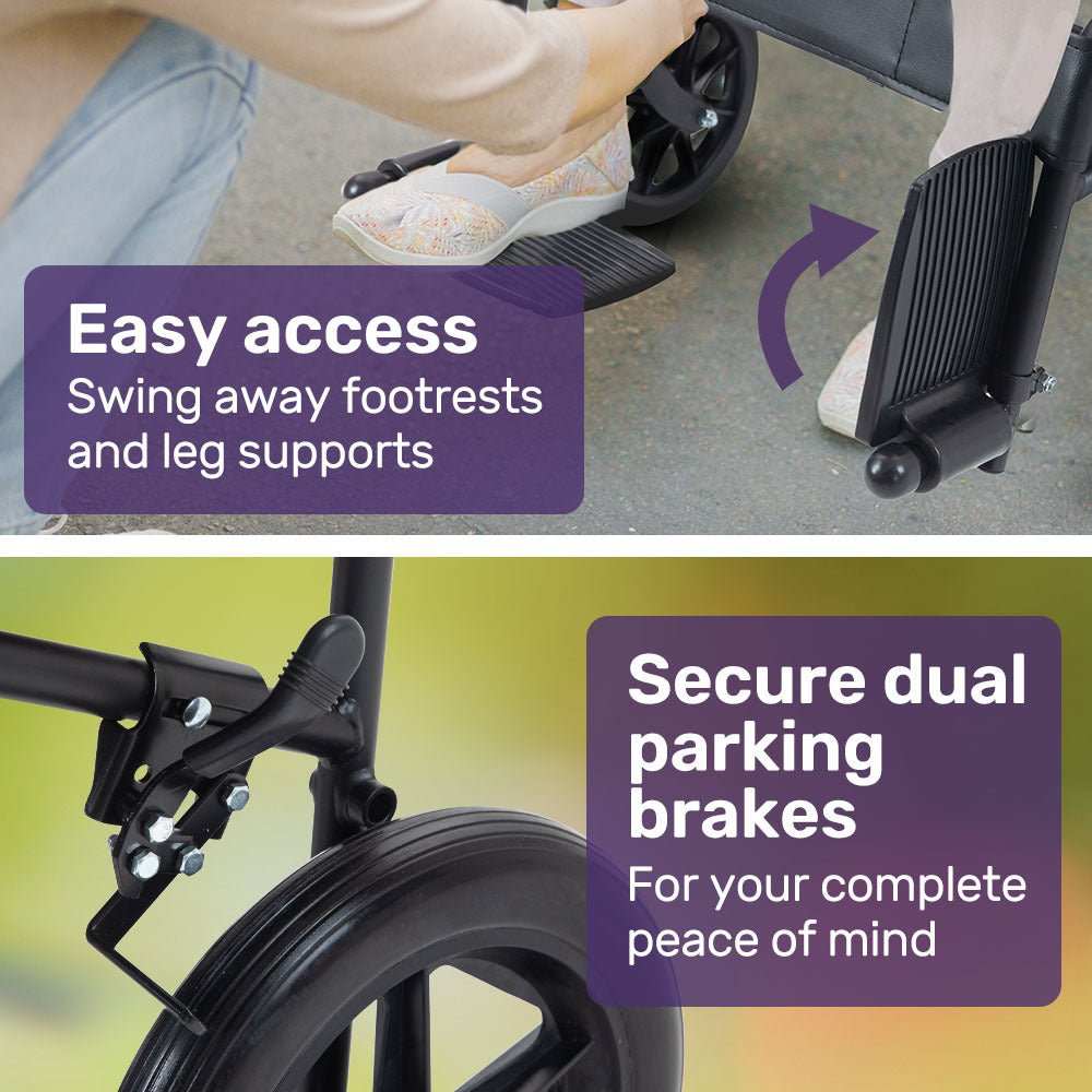 Equipmed folding transit manual wheelchair with steel frame, wide seat, and puncture-proof wheels