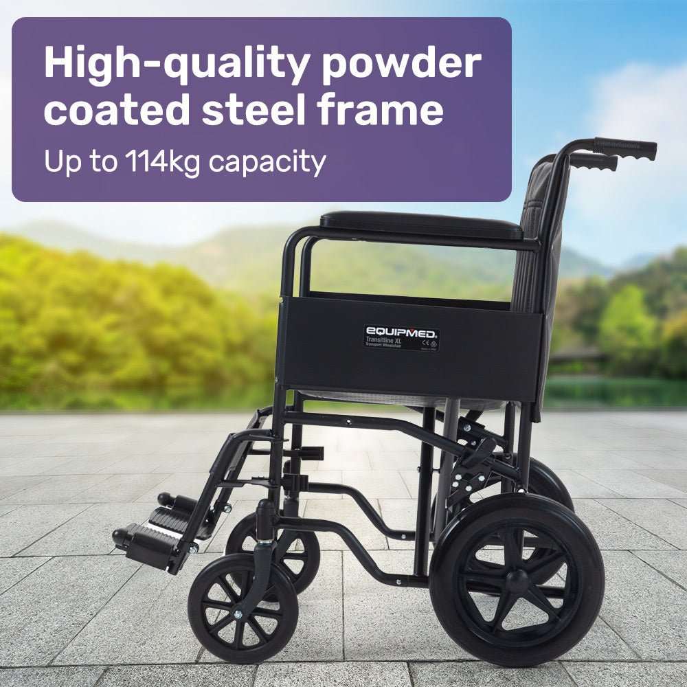 Equipmed folding transit manual wheelchair with steel frame, wide seat, padded armrests, and puncture-proof wheels designed for comfort and easy transport