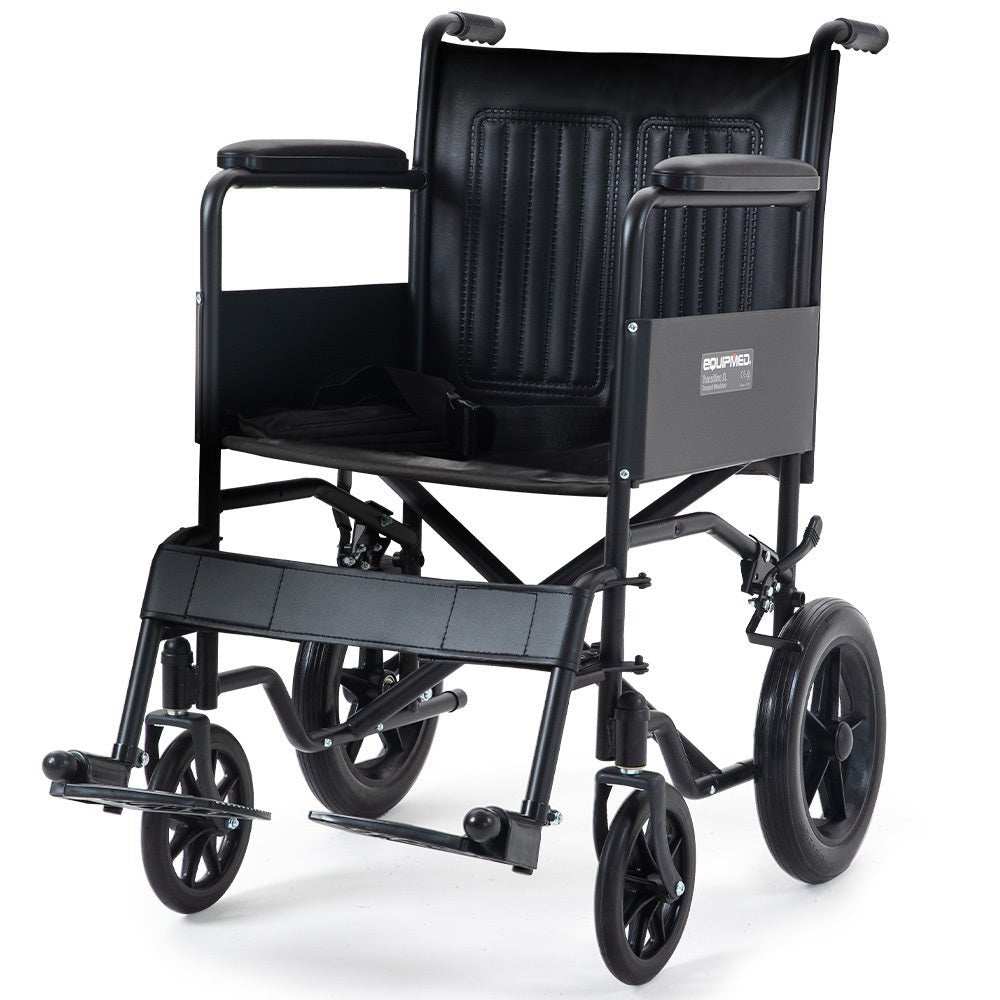 Equipmed folding transit manual wheelchair with wide seat, steel frame, and puncture-proof wheels
