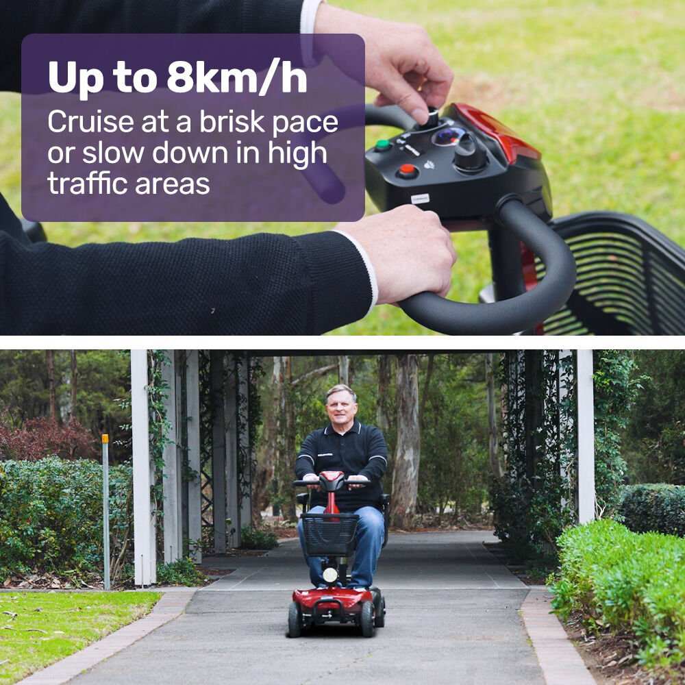 Red EQUIPMED FreeLite+ mid-sized foldable electric mobility scooter with lithium battery and padded seat