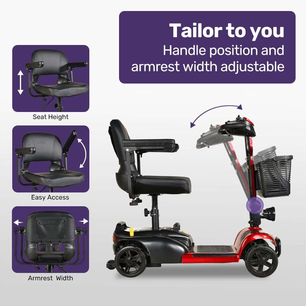 Red EQUIPMED FreeLite+ foldable electric mobility scooter with lithium battery and padded seat