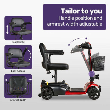 Red EQUIPMED FreeLite+ foldable electric mobility scooter with lithium battery and padded seat