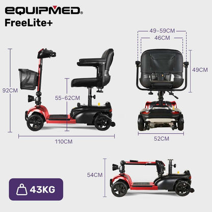 Equipmed FreeLite+ red foldable electric mobility scooter with lithium battery and padded seat