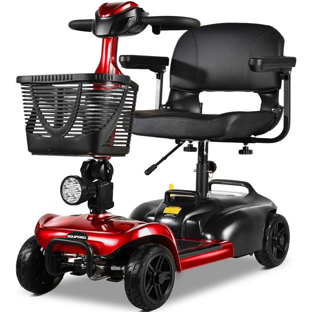 Red EQUIPMED FreeLite+ foldable electric mobility scooter with lithium battery and padded seat