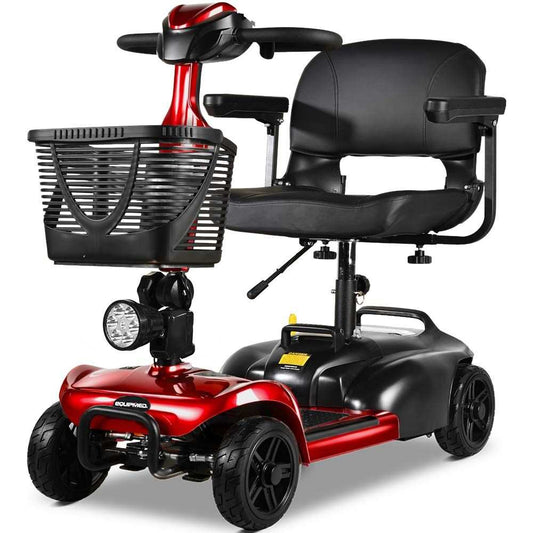 Red EQUIPMED FreeLite+ foldable electric mobility scooter with lithium battery and padded seat