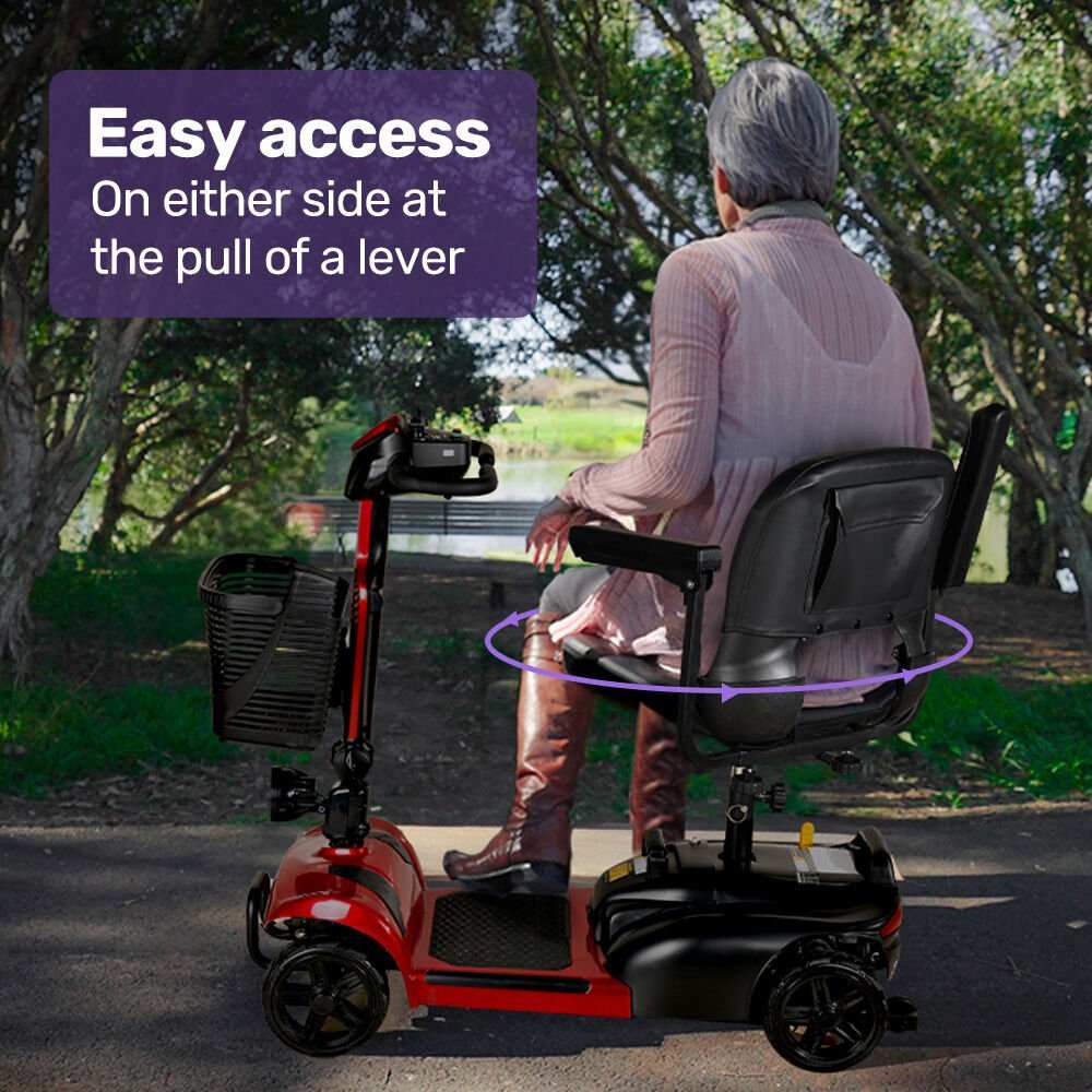 Red EQUIPMED FreeLite+ mid-sized foldable electric mobility scooter with lithium battery and padded seat