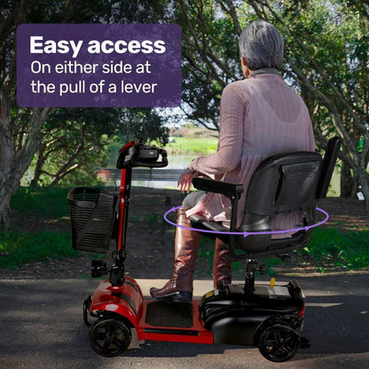 Red EQUIPMED FreeLite+ mid-sized foldable electric mobility scooter with lithium battery and padded seat