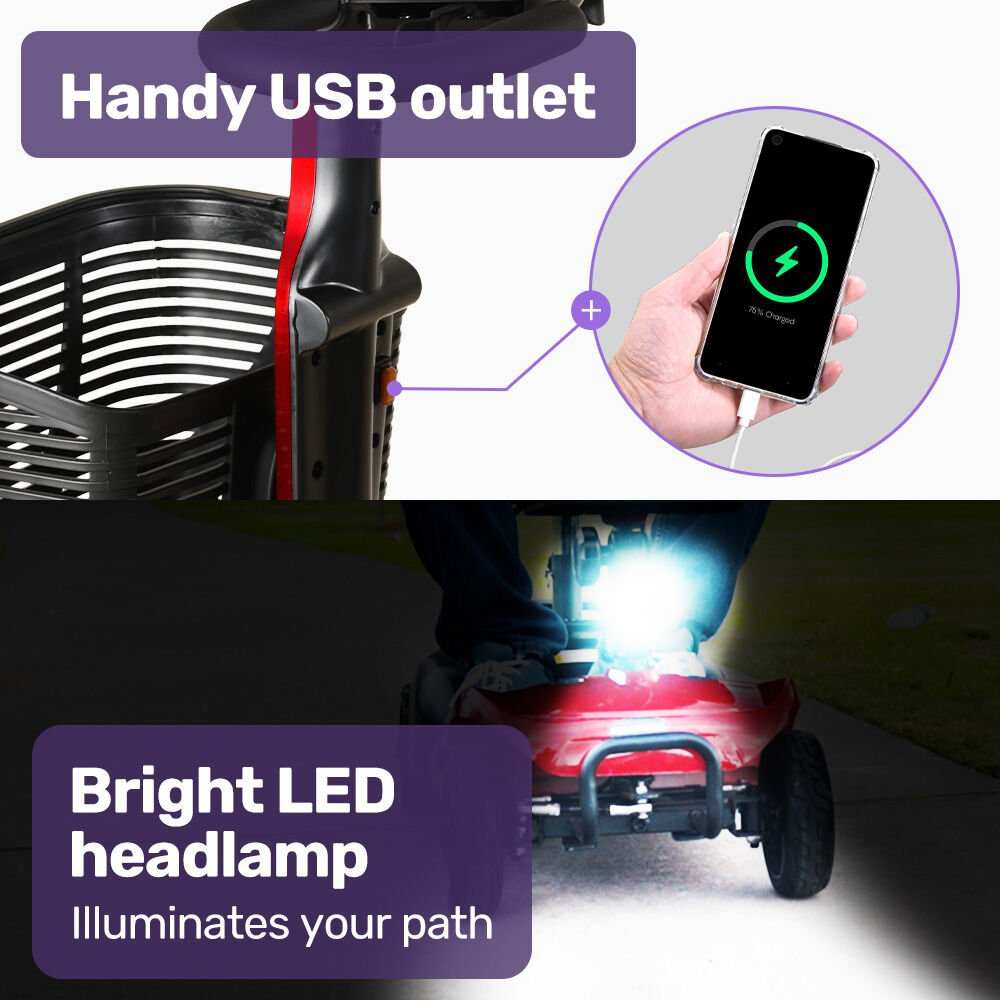 Red EQUIPMED FreeLite+ foldable electric mobility scooter with lithium battery and padded seat