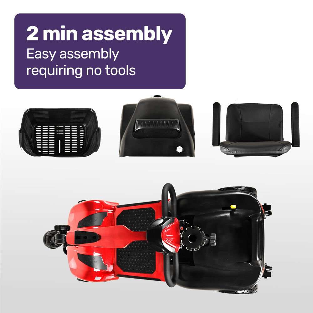 Red EQUIPMED FreeLite+ foldable electric mobility scooter with lithium battery and padded seat