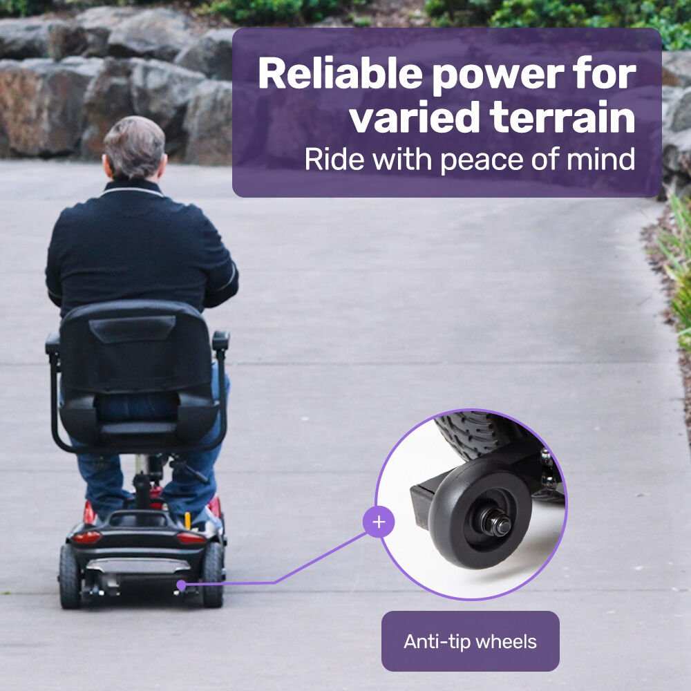 Red EQUIPMED FreeLite+ foldable electric mobility scooter with lithium battery and padded seat