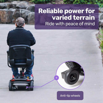 Red EQUIPMED FreeLite+ foldable electric mobility scooter with lithium battery and padded seat