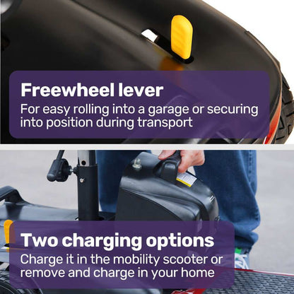 Red EQUIPMED FreeLite+ foldable electric mobility scooter with lithium battery and padded seat
