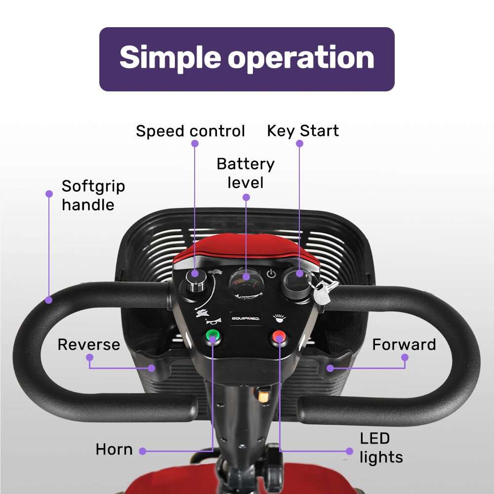 Red EQUIPMED FreeLite+ foldable electric mobility scooter with lithium battery and padded seat