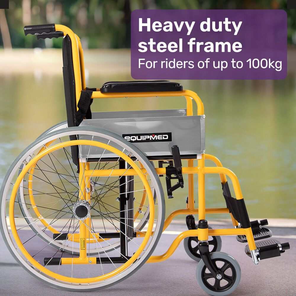 Yellow Equipmed Kids Paediatric Wheelchair with adjustable footrests and 22-inch wheels for child mobility