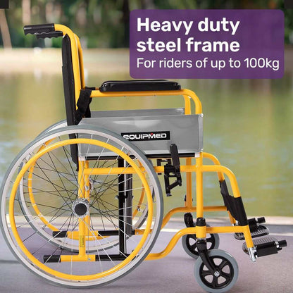 Yellow Equipmed Kids Paediatric Wheelchair with adjustable footrests and 22-inch wheels for child mobility