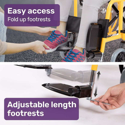 Yellow EQUIPMED kids paediatric wheelchair with adjustable footrests and 22" wheels
