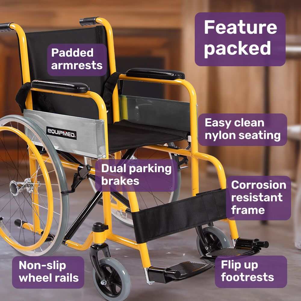 Yellow Equipmed kids paediatric wheelchair with 22-inch wheels and adjustable footrests
