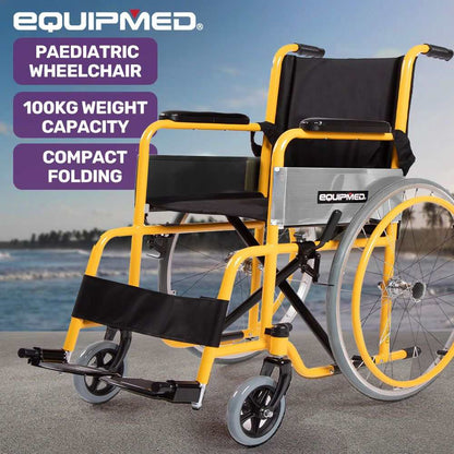 Yellow Equipmed Kids Paediatric Wheelchair with 22-inch wheels and adjustable footrests