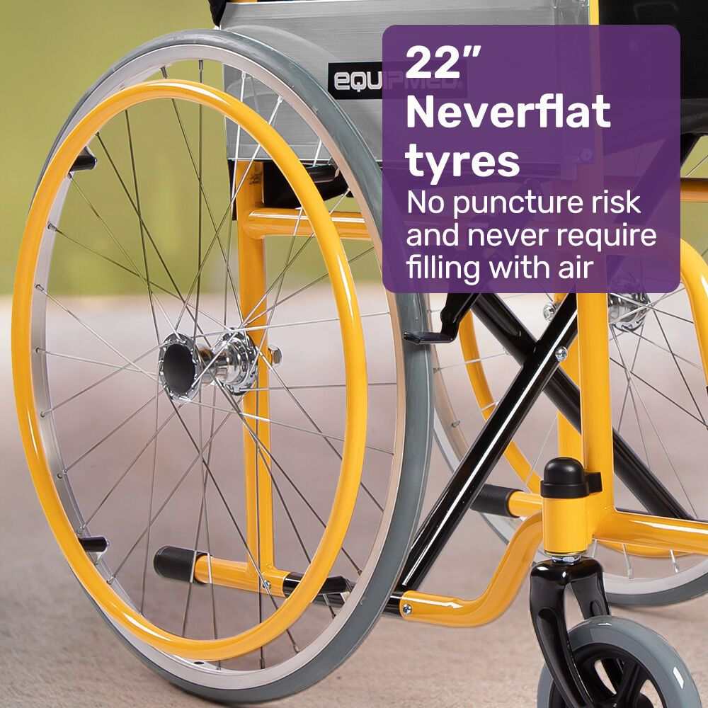 Yellow Equipmed kids paediatric wheelchair with adjustable footrests and 22" wheels