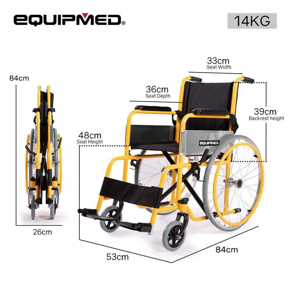 Yellow Equipmed kids paediatric wheelchair with adjustable footrests and 22-inch wheels for children 110-140cm tall