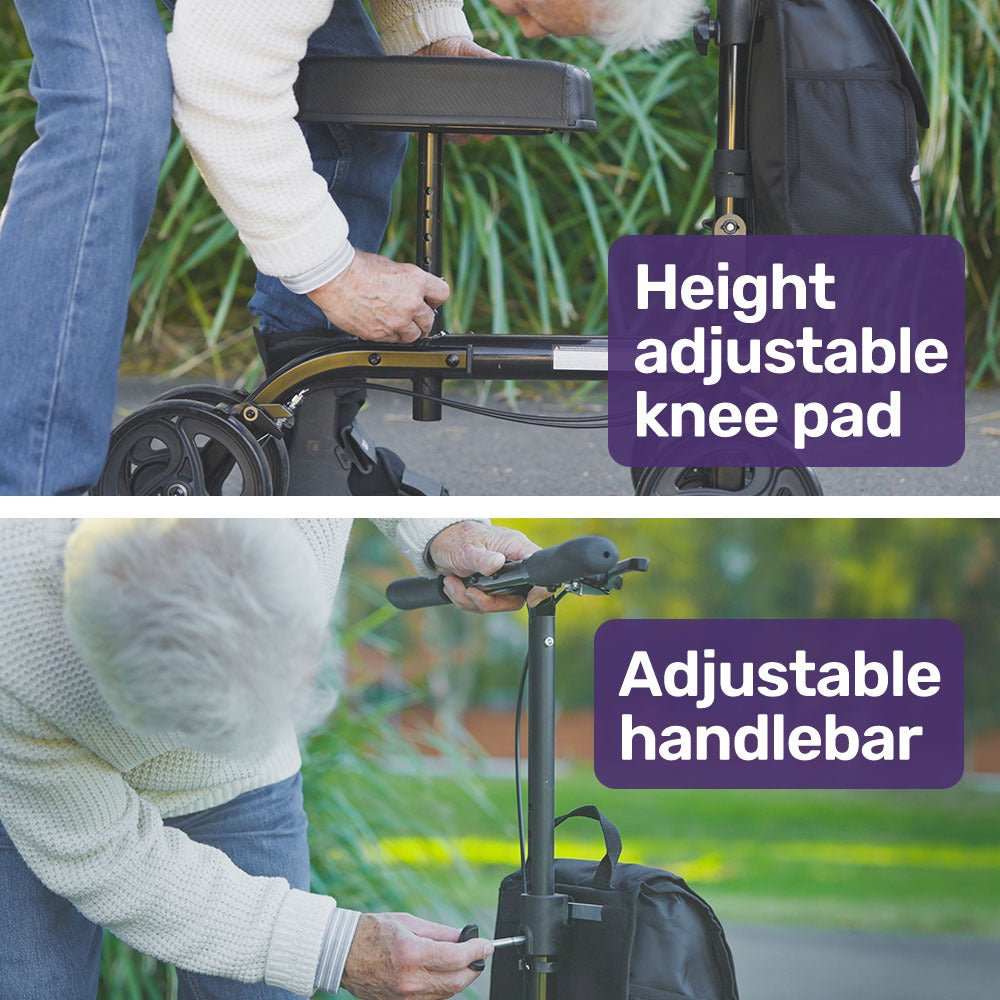 Black Equipmed Knee Scooter Walker with dual brakes and removable bag for broken leg mobility