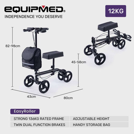 Equipmed black knee scooter walker with dual brakes, adjustable handles, removable bag, and puncture-proof wheels for foot and ankle mobility
