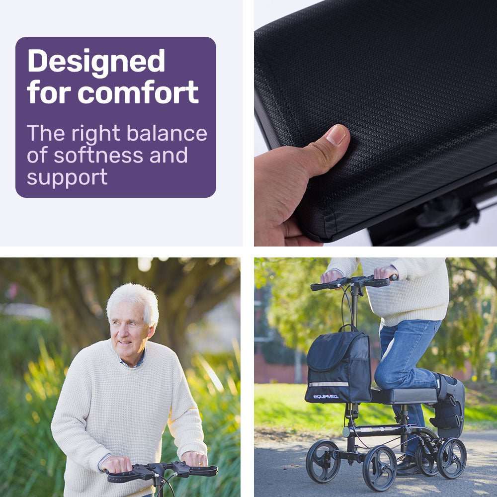 Equipmed black knee scooter walker with dual brakes and removable bag for foot and ankle mobility support