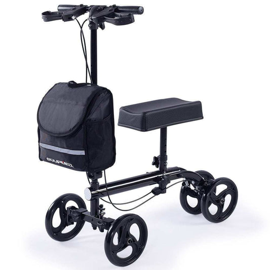 Equipmed black knee scooter walker with dual brakes, adjustable handlebars, removable bag, and puncture-proof wheels for foot and ankle mobility