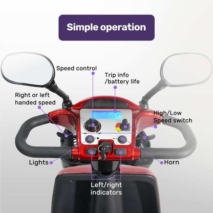 Red Equipmed LeisureCruise Series extra large mobility scooter with adjustable features and LED display