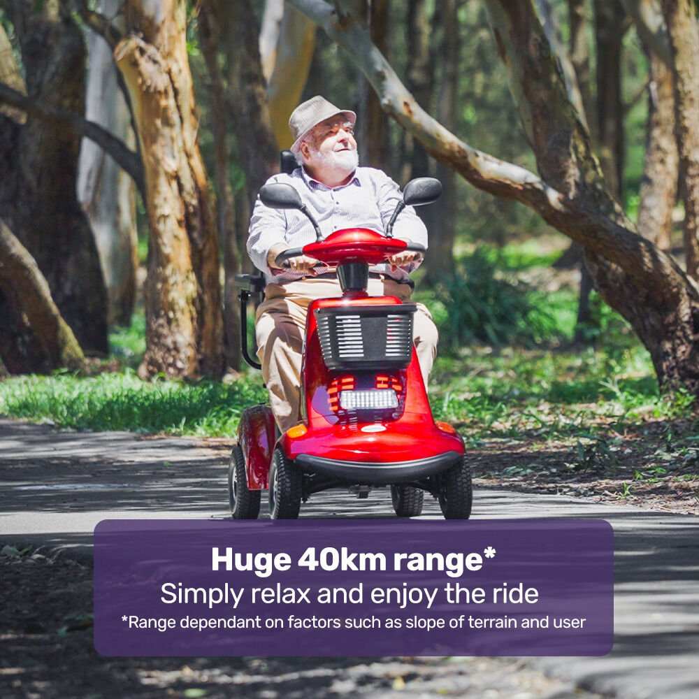 Equipmed LeisureCruise Series extra large red mobility scooter with 182kg capacity and LED display