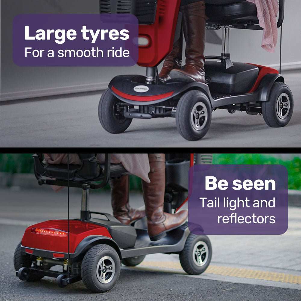 Equipmed Pathline Series electric mobility scooter for elderly with adjustable seat, swivel armrests, LED lights, and up to 25km range