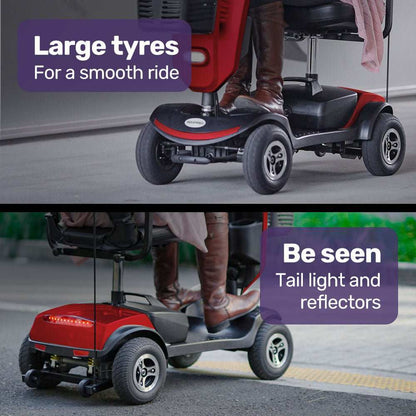 Equipmed Pathline Series electric mobility scooter for elderly with adjustable seat, swivel armrests, LED lights, and up to 25km range