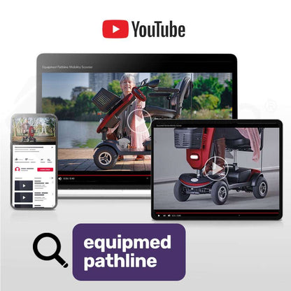 Equipmed Pathline Series electric mobility scooter for elderly with swivel seat, retractable armrests, LED lights, and 15-25km range