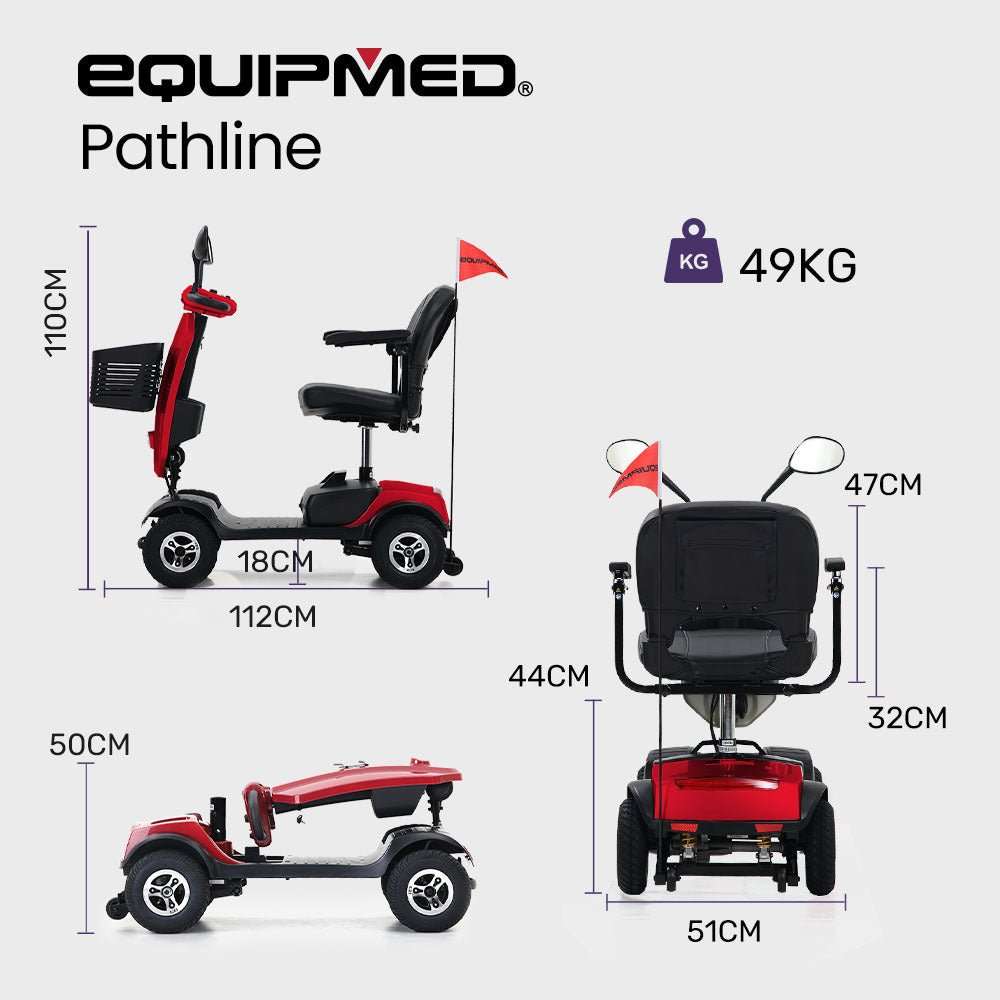 Equipmed Pathline Series electric mobility scooter with adjustable swivel seat and retractable armrests for elderly users
