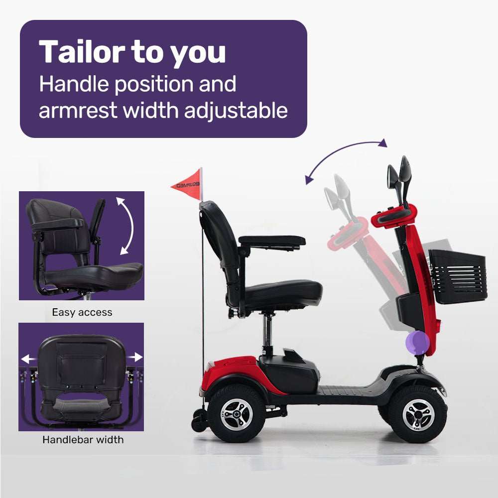 Equipmed Pathline Series electric mobility scooter for elderly with swivel seat, adjustable armrests, rear suspension, and LED lights