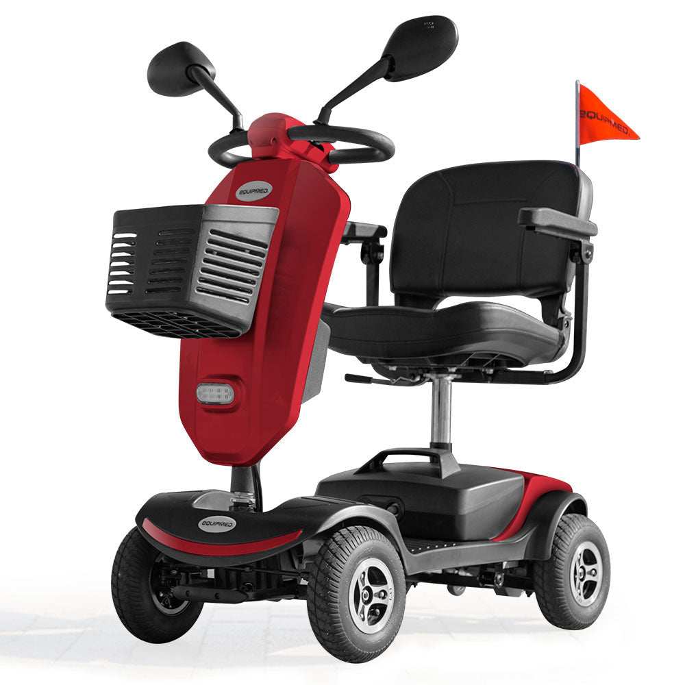 Equipmed Pathline Series mobility scooter for elderly with adjustable swivel seat, rear suspension, LED lights, and 15-25km range