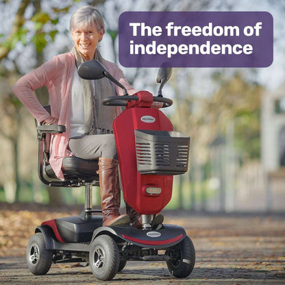Equipmed Pathline Series motorized mobility scooter for elderly with swivel seat, adjustable controls, LED lights, and front storage basket