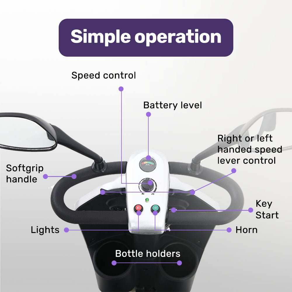 Equipmed Pathline Series electric mobility scooter for elderly with swivel seat, adjustable armrests, LED lights, and rear suspension