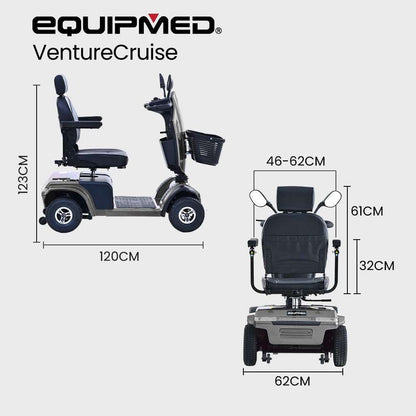 Equipmed VentureCruise grey mobility scooter with adjustable seat, armrests, 10" air-filled tires, and storage compartments