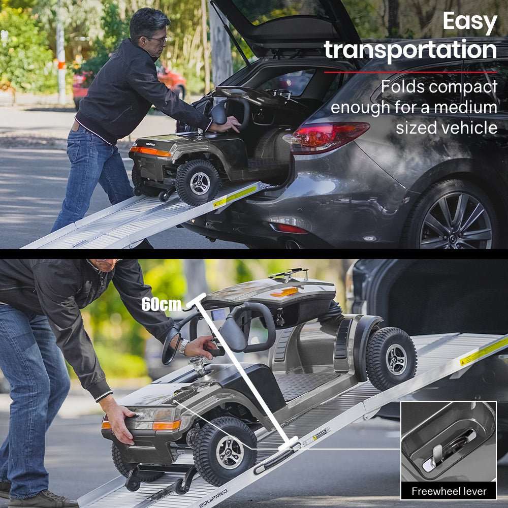 Equipmed VentureCruise Series grey mobility scooter with swivel seat, adjustable armrests, 30km range, and 180kg capacity