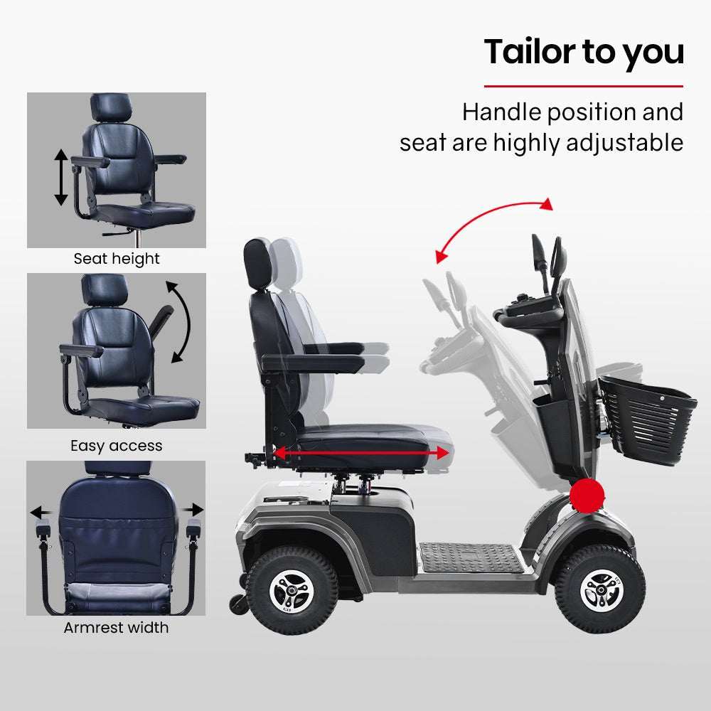 Equipmed VentureCruise grey mobility scooter with swivel seat and 30km range
