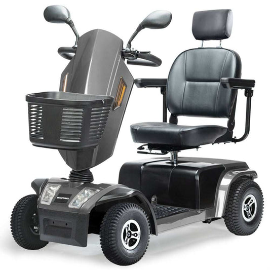 Equipmed VentureCruise grey mobility scooter with adjustable seat, armrests, 30km range, and 180kg capacity